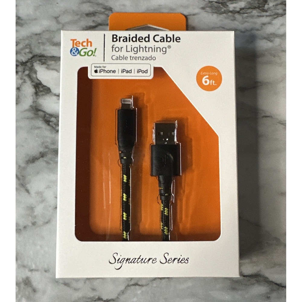 Tech & Go 6ft USB Braided Charge Cable for iPhone iPad iPod - NEW-Black & Yellow